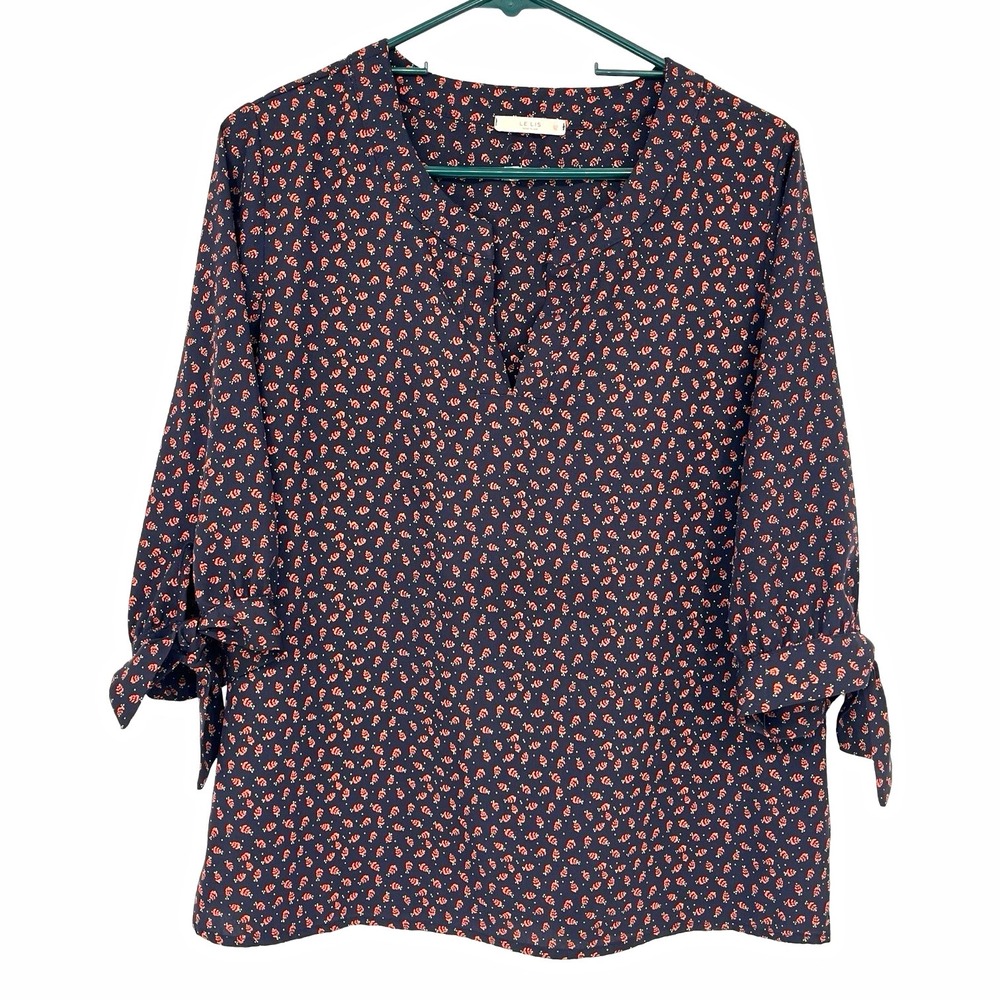 Le Lis Women's Blouse M Navy Orange Floral Tie Sleeve Made USA Boho Pullover Top